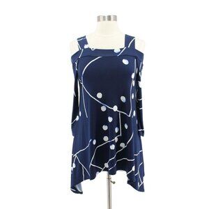 Clara Sun Woo Blue Print Cold Shoulder Shark Bite Hem Tunic Shirt Blouse Size XS